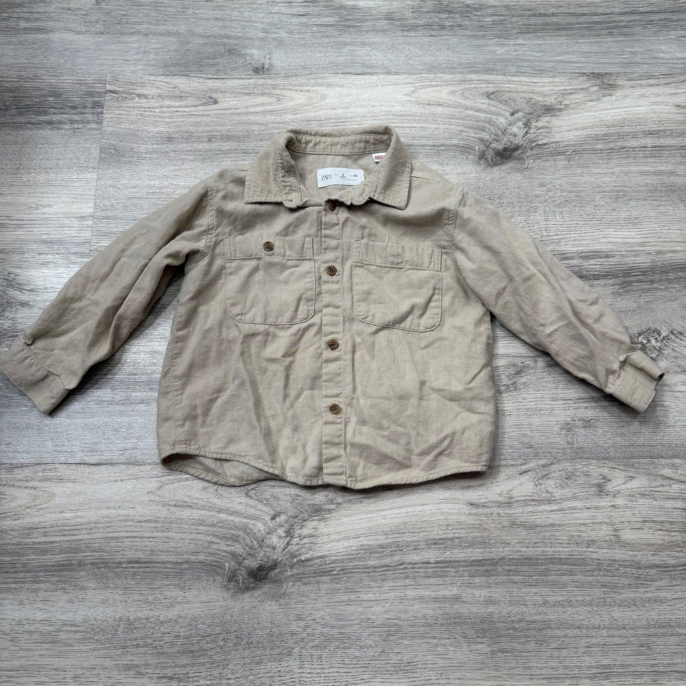 Zara Kids Tan Khaki Twill Button Down Shirt Long Sleeve‎ Size 2 Years 92cm